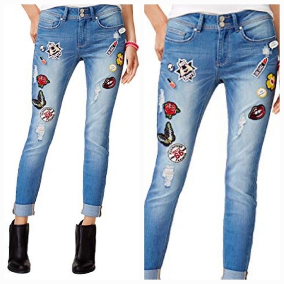 Indigo Rein Juniors' Patch Ripped Skinny Ankle Jeans Fun Patches & Pins  Size 3 - Picture 1 of 17